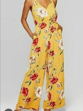 Xhilaration Yellow Floral Wrap Wide-Leg Jumpsuit Size Sm Like New.